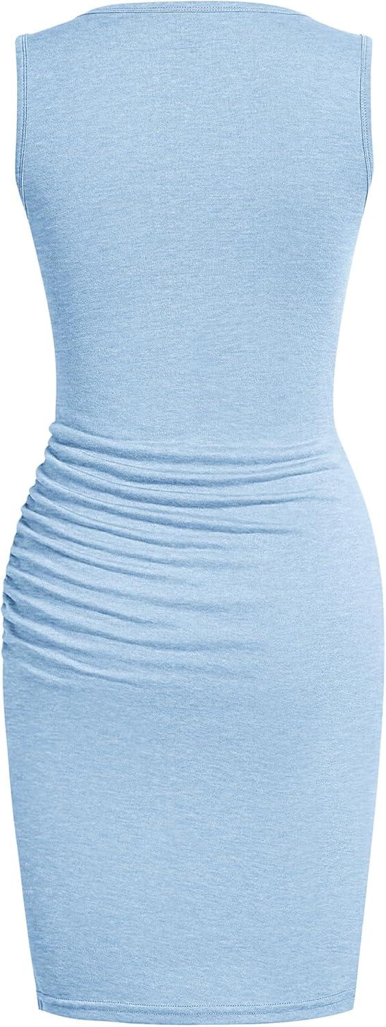 imageBTFBM Women Summer Dresses 2025 Fall Sleeveless Tank Crew Neck Casual Ruched Bodycon Party Club Beach Short Mini DressLight Blue