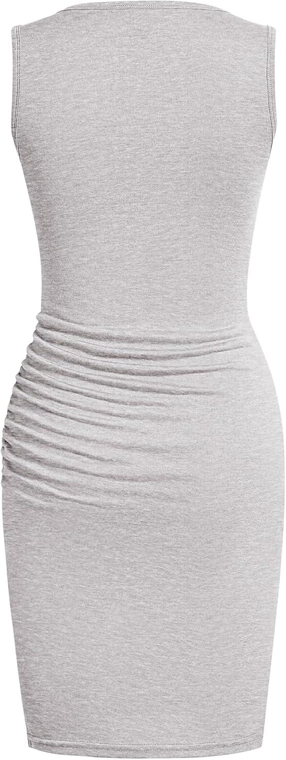 imageBTFBM Women Summer Dresses 2025 Fall Sleeveless Tank Crew Neck Casual Ruched Bodycon Party Club Beach Short Mini DressLight Grey