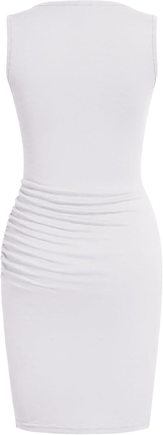 imageBTFBM Women Summer Dresses 2025 Fall Sleeveless Tank Crew Neck Casual Ruched Bodycon Party Club Beach Short Mini DressWhite