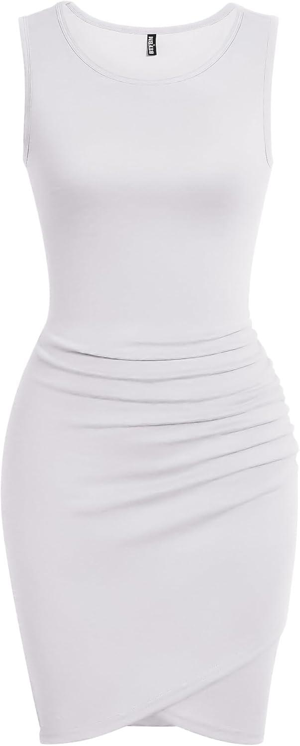 imageBTFBM Women Summer Dresses 2025 Fall Sleeveless Tank Crew Neck Casual Ruched Bodycon Party Club Beach Short Mini DressWhite