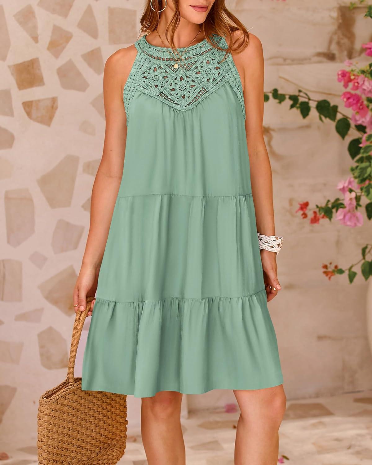 imageBTFBM Women Summer Dresses 2026 Casual Spring Clothes Sleeveless Halter Neck ALine Boho Mini Dress Beach Vacation SundressBean Green