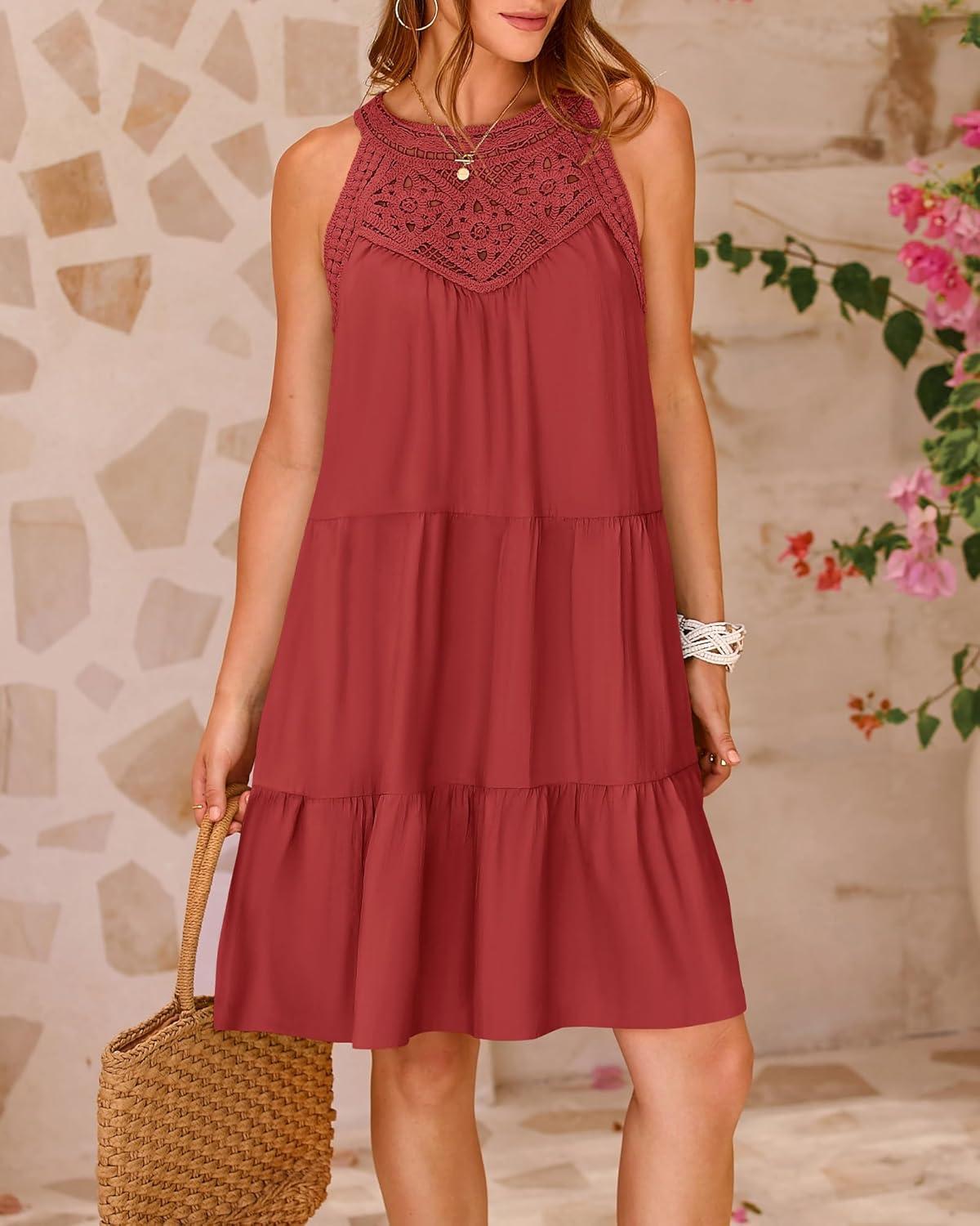 imageBTFBM Women Summer Dresses 2026 Casual Spring Clothes Sleeveless Halter Neck ALine Boho Mini Dress Beach Vacation SundressBrown Red