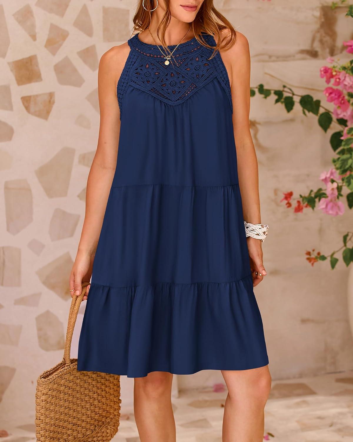 imageBTFBM Women Summer Dresses 2026 Casual Spring Clothes Sleeveless Halter Neck ALine Boho Mini Dress Beach Vacation SundressDark Blue