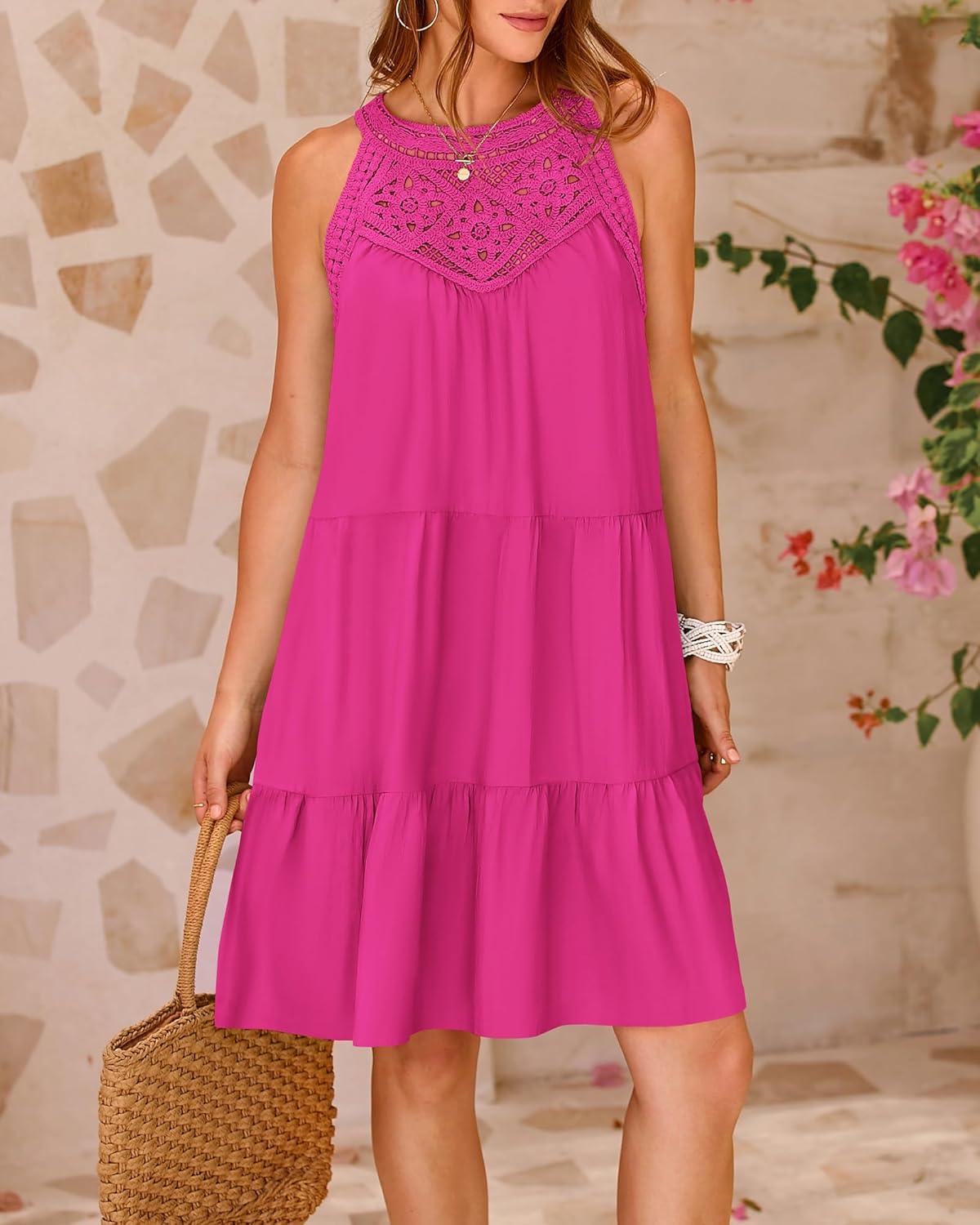 imageBTFBM Women Summer Dresses 2026 Casual Spring Clothes Sleeveless Halter Neck ALine Boho Mini Dress Beach Vacation SundressRose Red