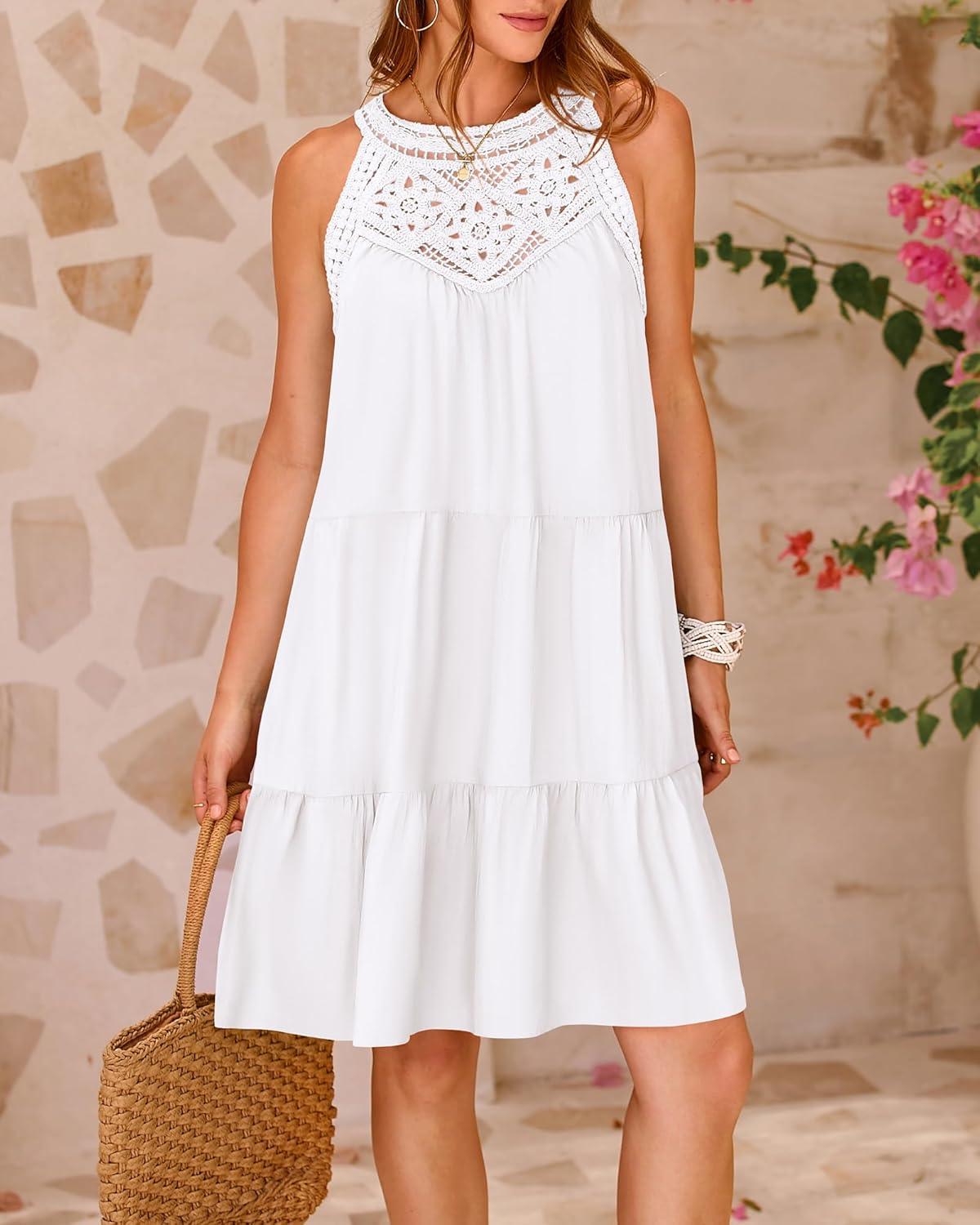 imageBTFBM Women Summer Dresses 2026 Casual Spring Clothes Sleeveless Halter Neck ALine Boho Mini Dress Beach Vacation SundressWhite