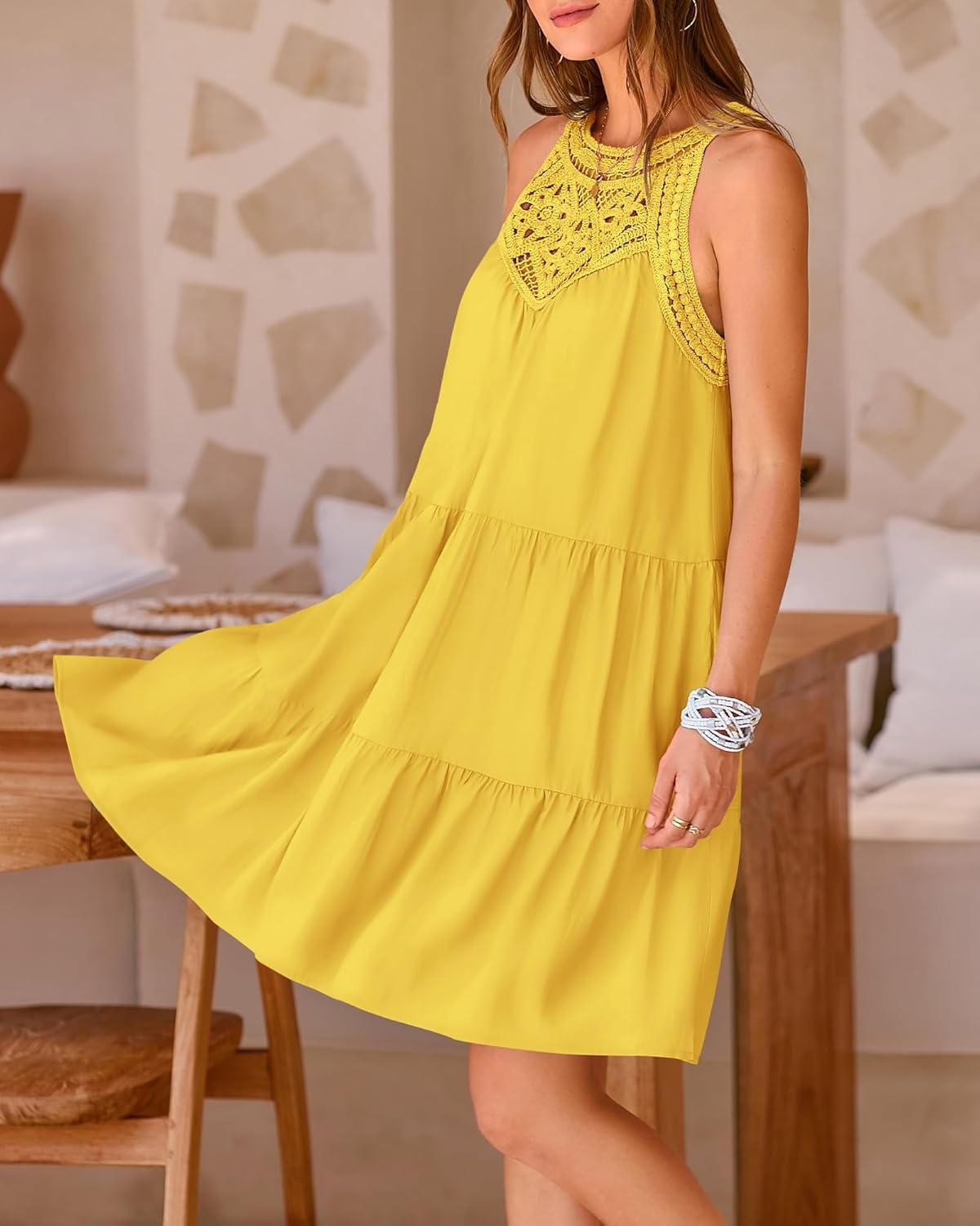 imageBTFBM Women Summer Dresses 2026 Casual Spring Clothes Sleeveless Halter Neck ALine Boho Mini Dress Beach Vacation SundressYellow