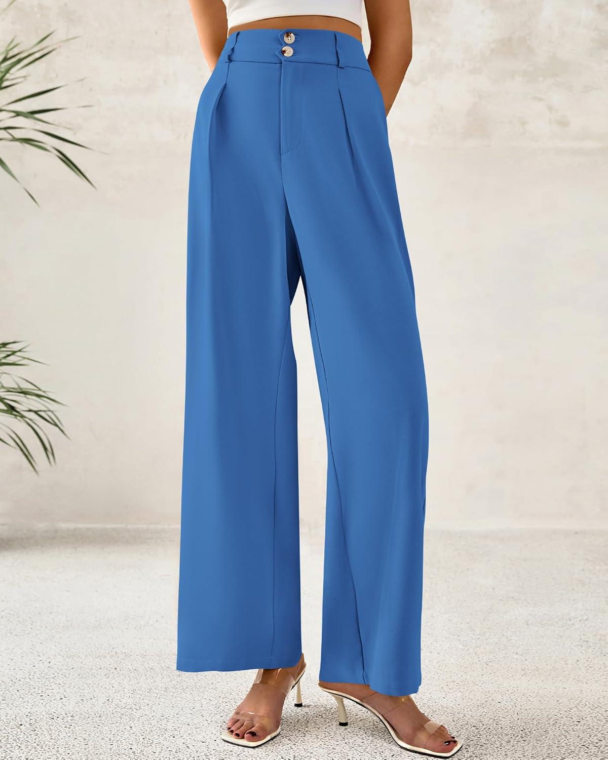 imageBTFBM Women Wide Leg Dress Pants 2026 High Waisted Button Pleated Business Casual Trousers Office Work Palazzo PantsBlue