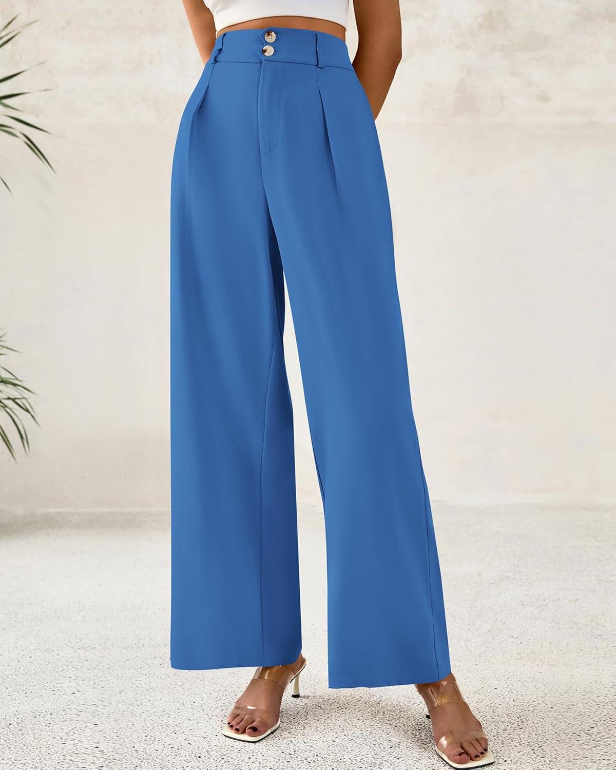 imageBTFBM Women Wide Leg Dress Pants 2026 High Waisted Button Pleated Business Casual Trousers Office Work Palazzo PantsBlue