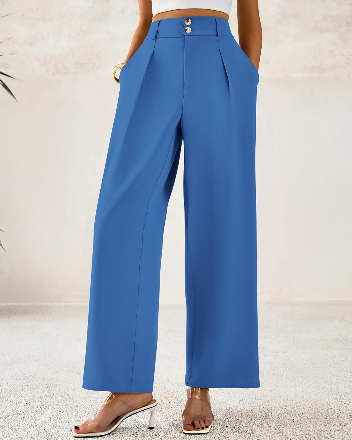 imageBTFBM Women Wide Leg Dress Pants 2026 High Waisted Button Pleated Business Casual Trousers Office Work Palazzo PantsBlue