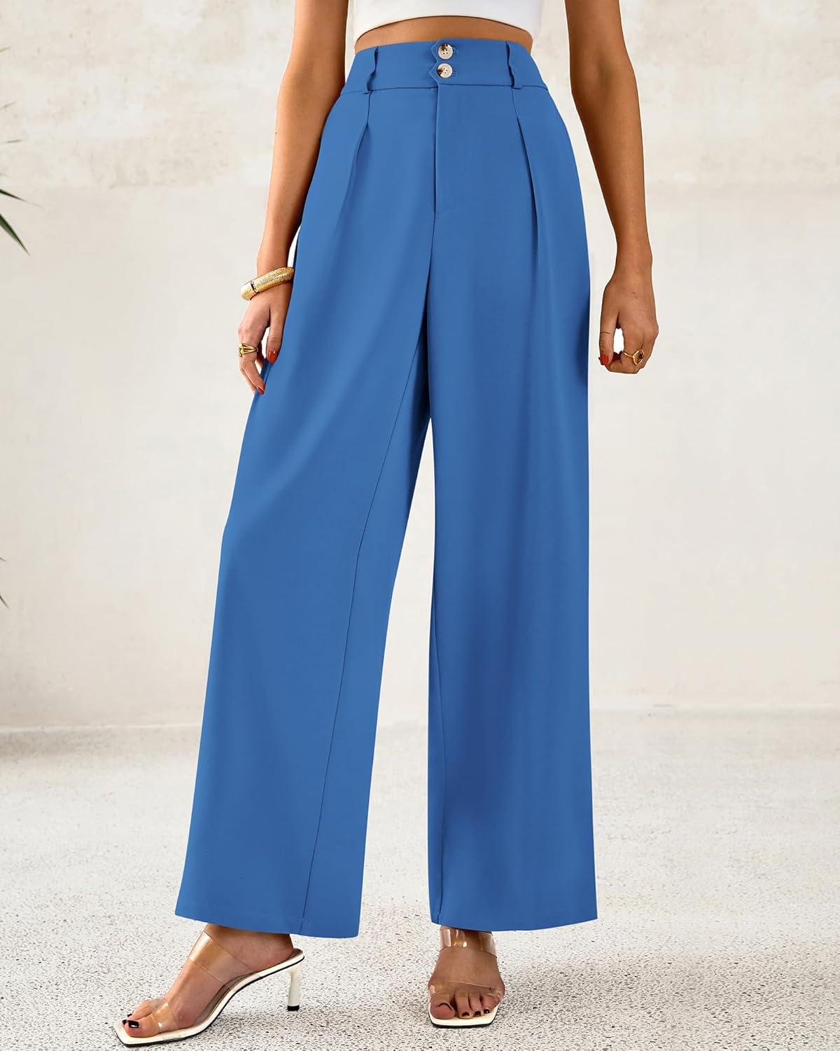 imageBTFBM Women Wide Leg Dress Pants 2026 High Waisted Button Pleated Business Casual Trousers Office Work Palazzo PantsBlue