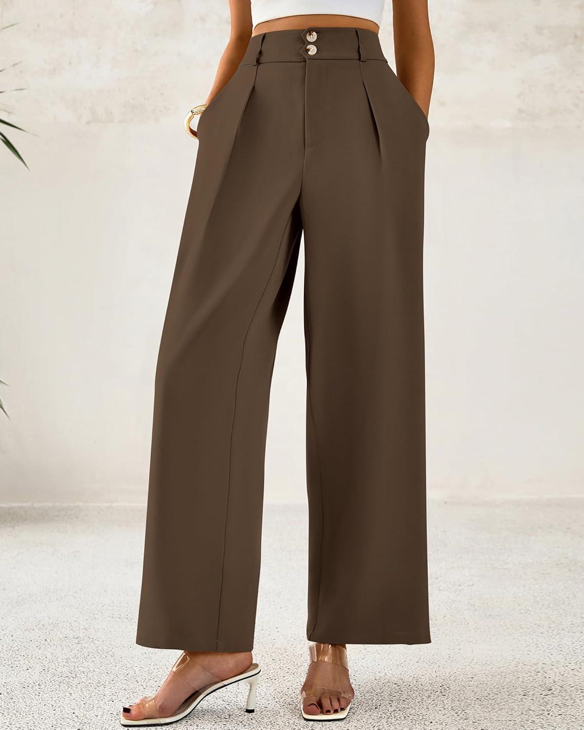 imageBTFBM Women Wide Leg Dress Pants 2026 High Waisted Button Pleated Business Casual Trousers Office Work Palazzo PantsCoffee
