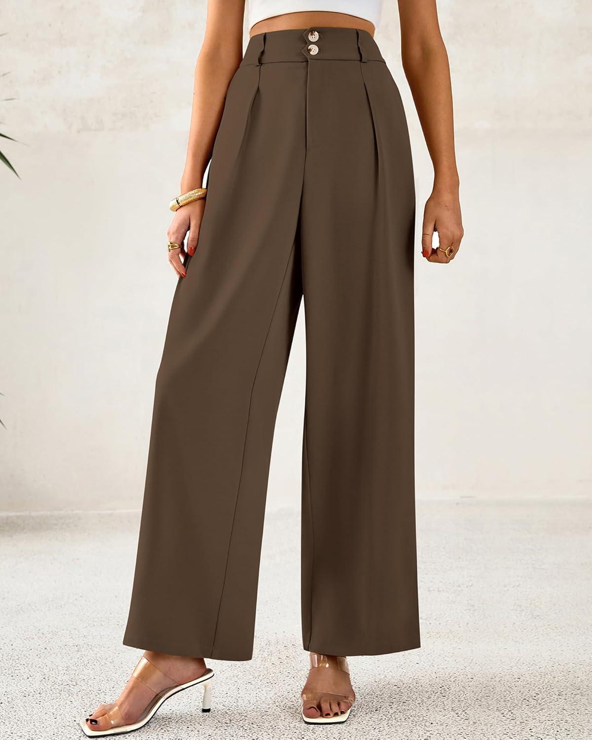 imageBTFBM Women Wide Leg Dress Pants 2026 High Waisted Button Pleated Business Casual Trousers Office Work Palazzo PantsCoffee