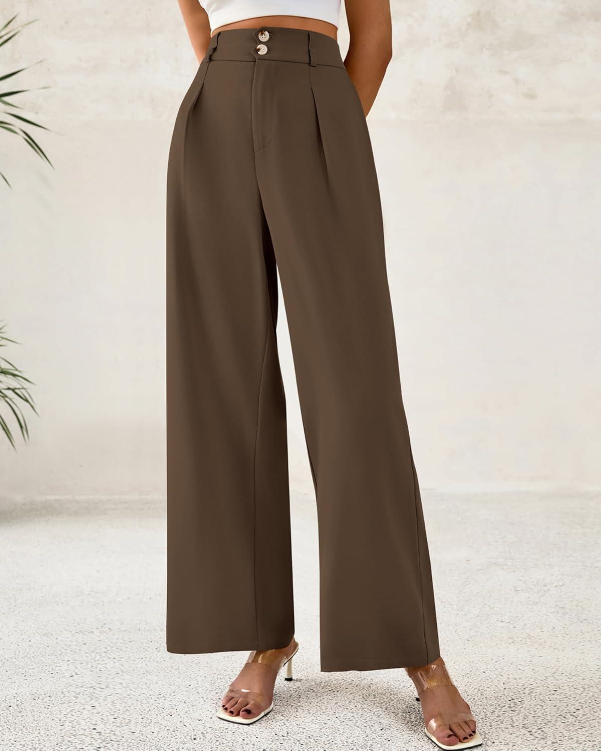 imageBTFBM Women Wide Leg Dress Pants 2026 High Waisted Button Pleated Business Casual Trousers Office Work Palazzo PantsCoffee