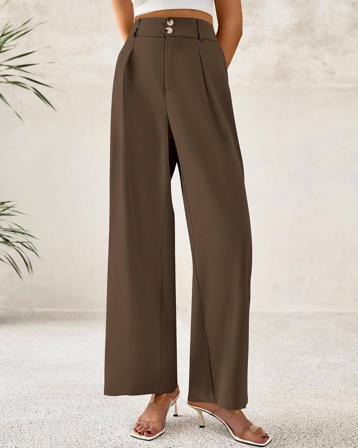 imageBTFBM Women Wide Leg Dress Pants 2026 High Waisted Button Pleated Business Casual Trousers Office Work Palazzo PantsCoffee