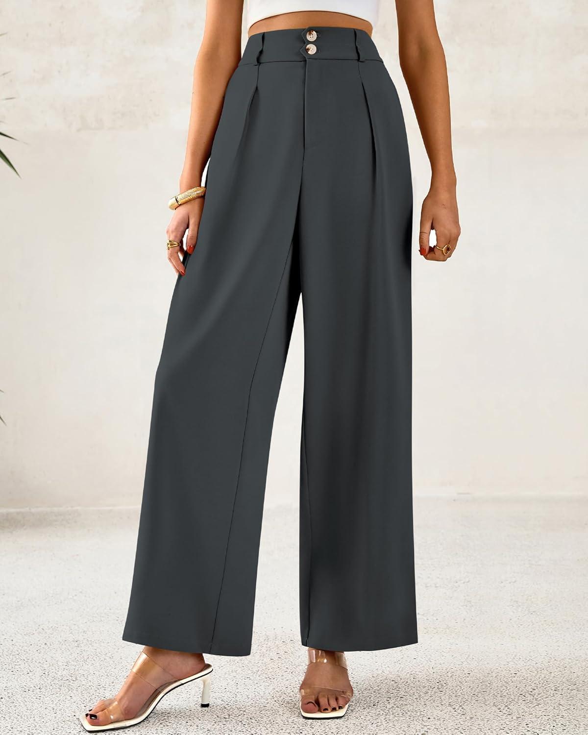 imageBTFBM Women Wide Leg Dress Pants 2026 High Waisted Button Pleated Business Casual Trousers Office Work Palazzo PantsDark Grey