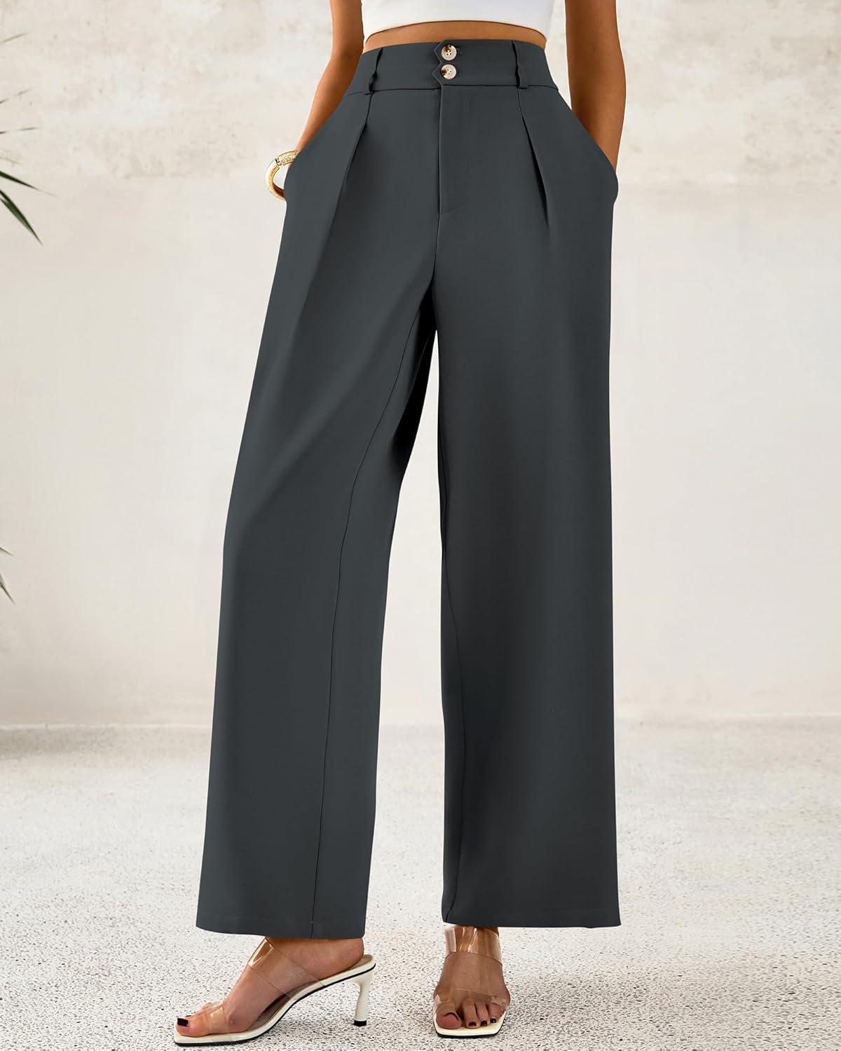 imageBTFBM Women Wide Leg Dress Pants 2026 High Waisted Button Pleated Business Casual Trousers Office Work Palazzo PantsDark Grey