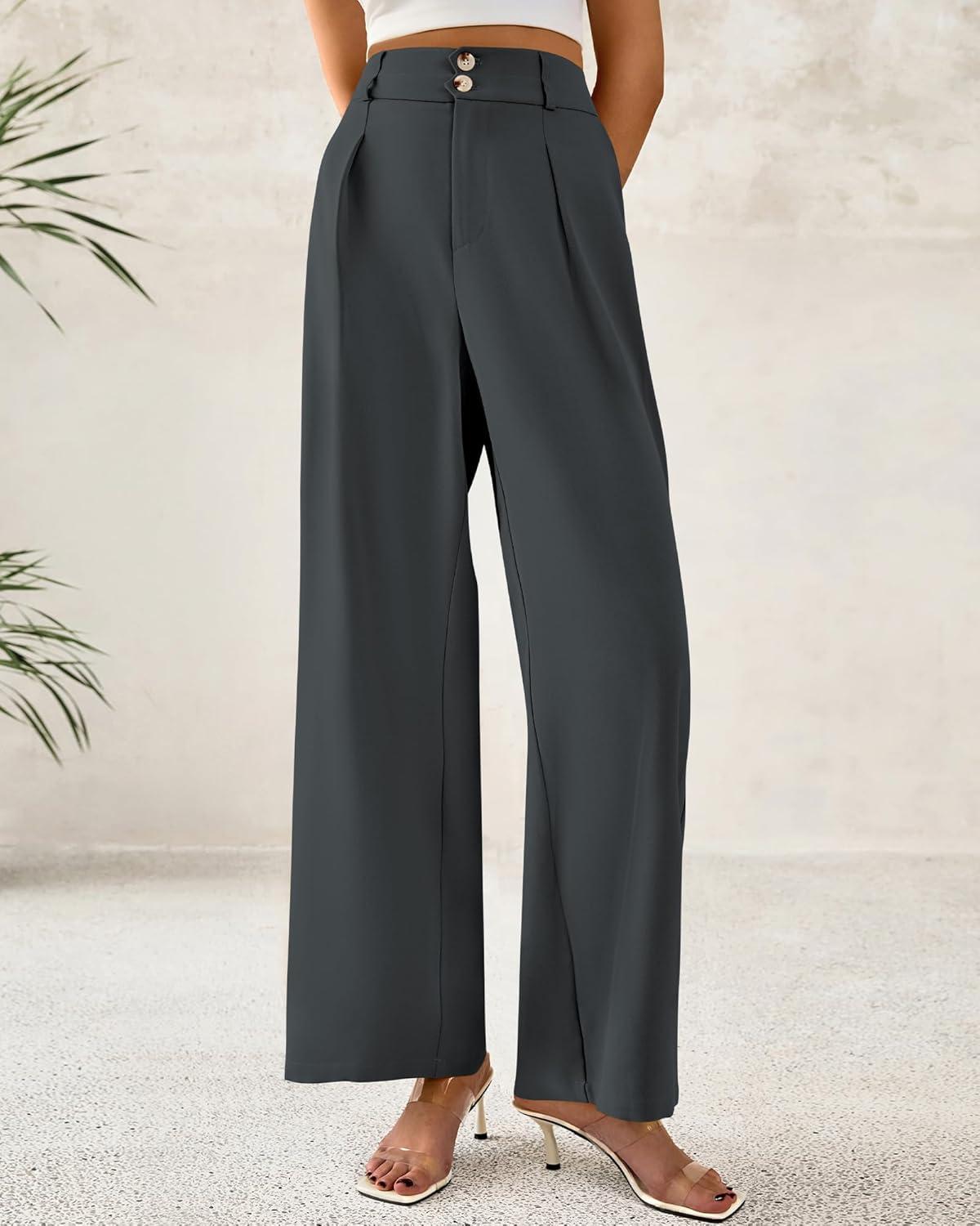 imageBTFBM Women Wide Leg Dress Pants 2026 High Waisted Button Pleated Business Casual Trousers Office Work Palazzo PantsDark Grey
