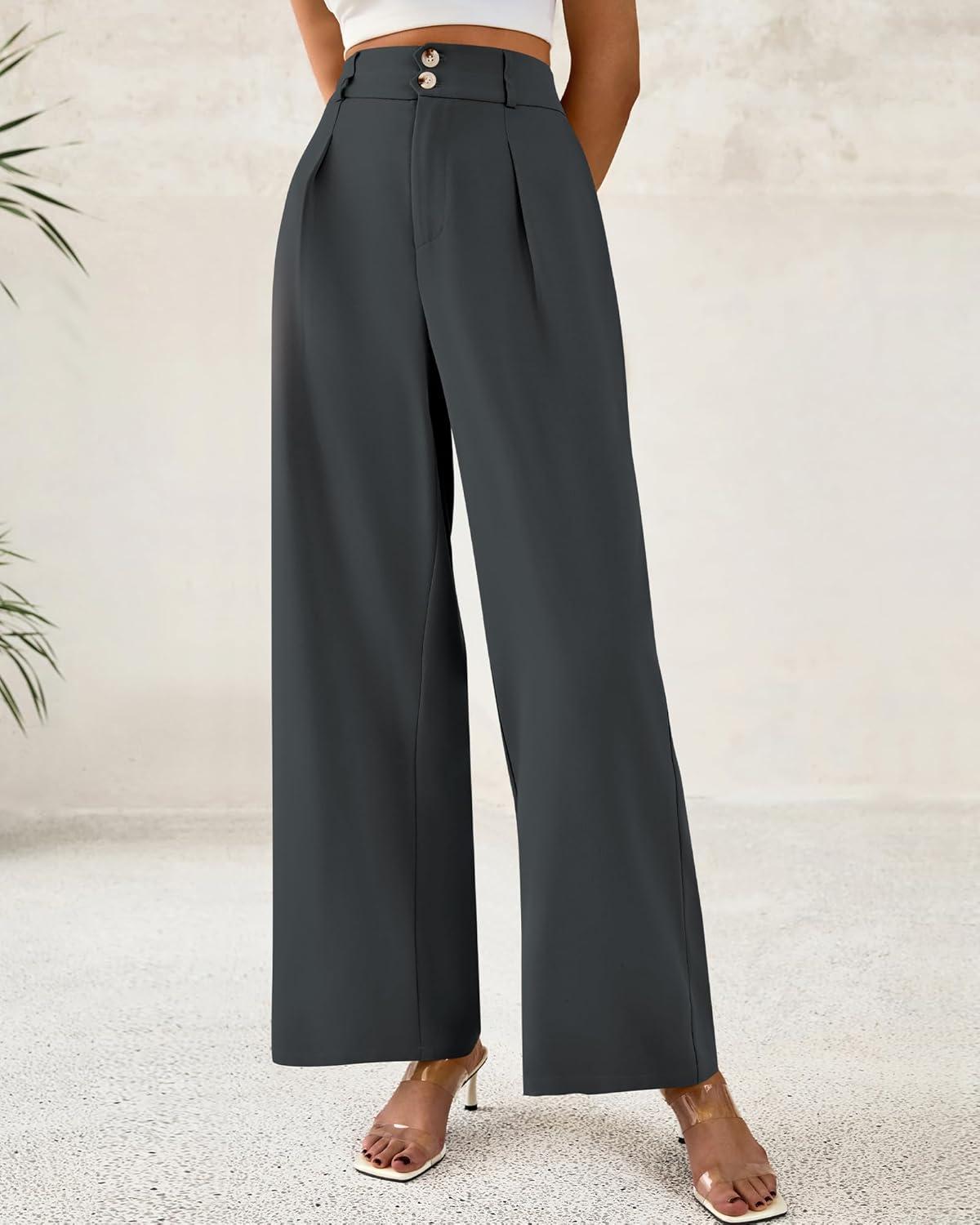 imageBTFBM Women Wide Leg Dress Pants 2026 High Waisted Button Pleated Business Casual Trousers Office Work Palazzo PantsDark Grey