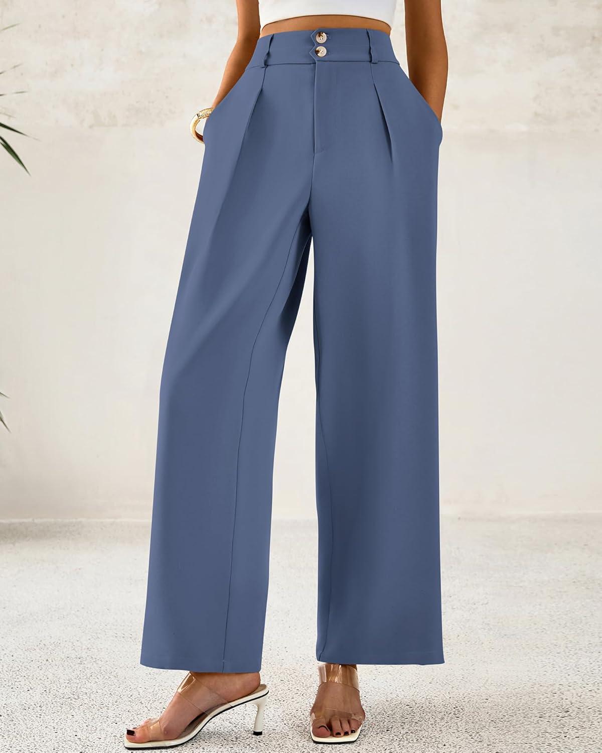 imageBTFBM Women Wide Leg Dress Pants 2026 High Waisted Button Pleated Business Casual Trousers Office Work Palazzo PantsGrey Blue