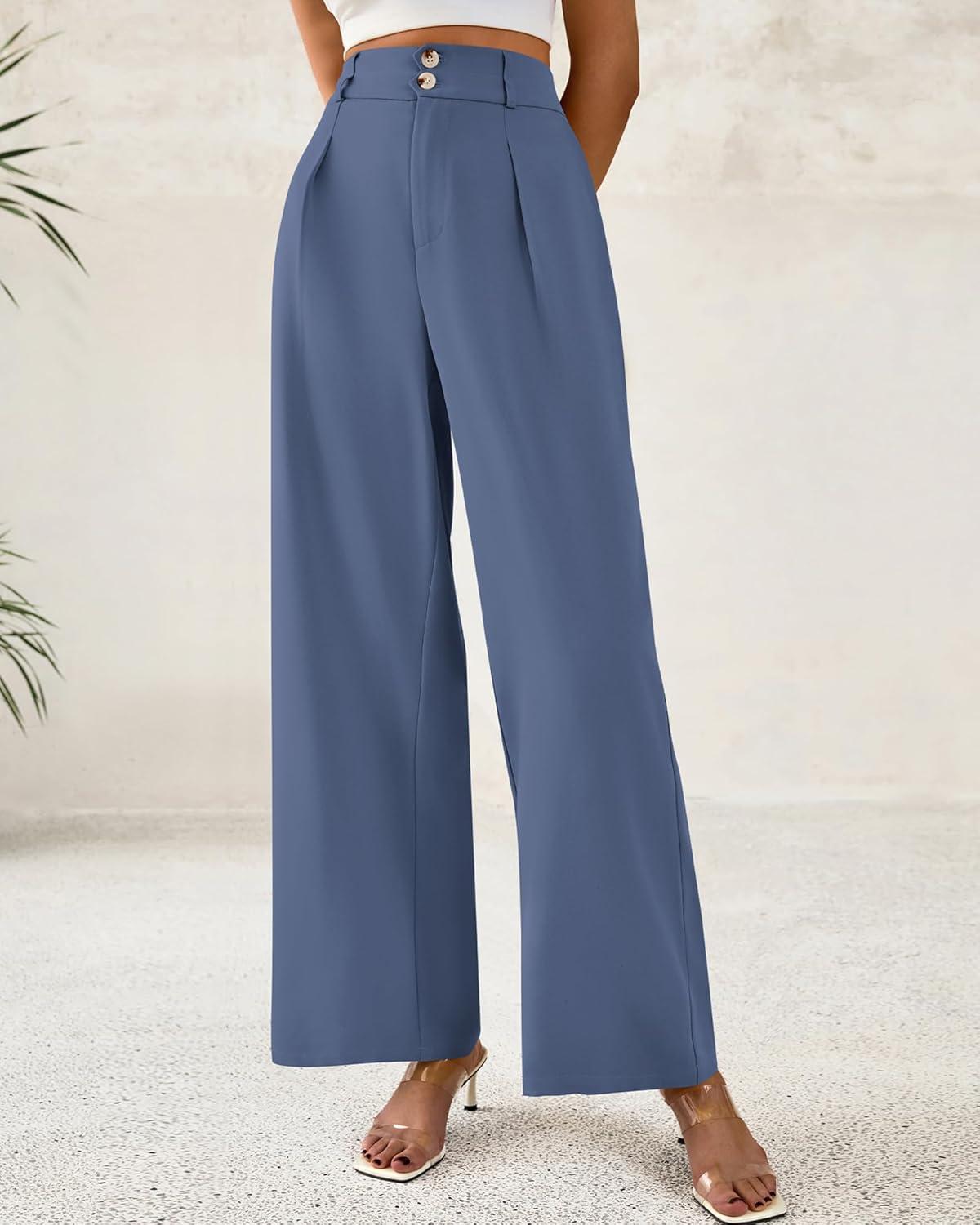 imageBTFBM Women Wide Leg Dress Pants 2026 High Waisted Button Pleated Business Casual Trousers Office Work Palazzo PantsGrey Blue