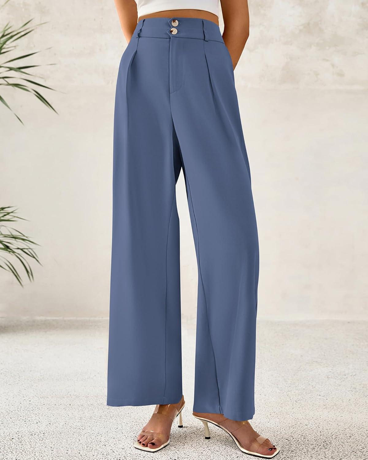 imageBTFBM Women Wide Leg Dress Pants 2026 High Waisted Button Pleated Business Casual Trousers Office Work Palazzo PantsGrey Blue