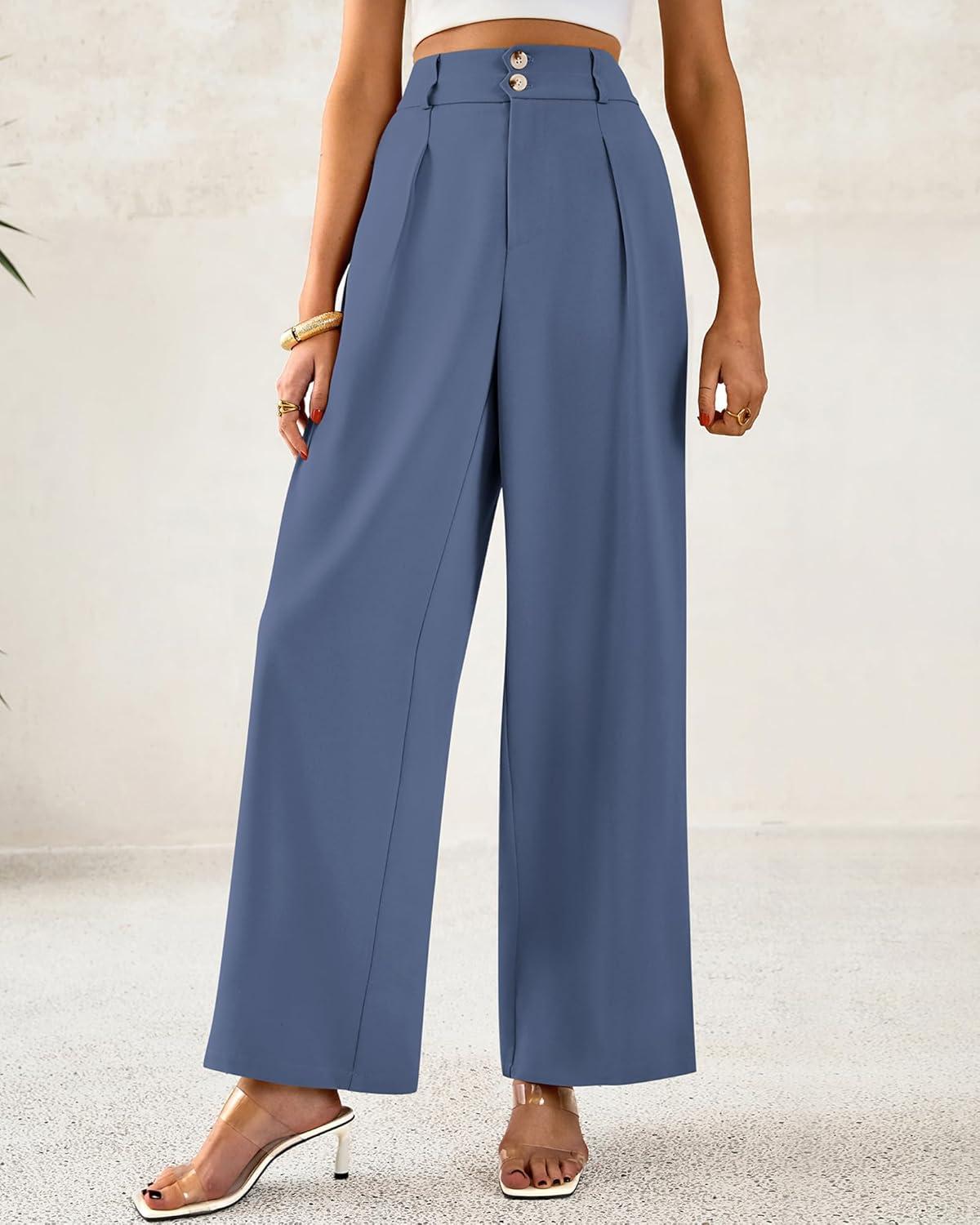 imageBTFBM Women Wide Leg Dress Pants 2026 High Waisted Button Pleated Business Casual Trousers Office Work Palazzo PantsGrey Blue