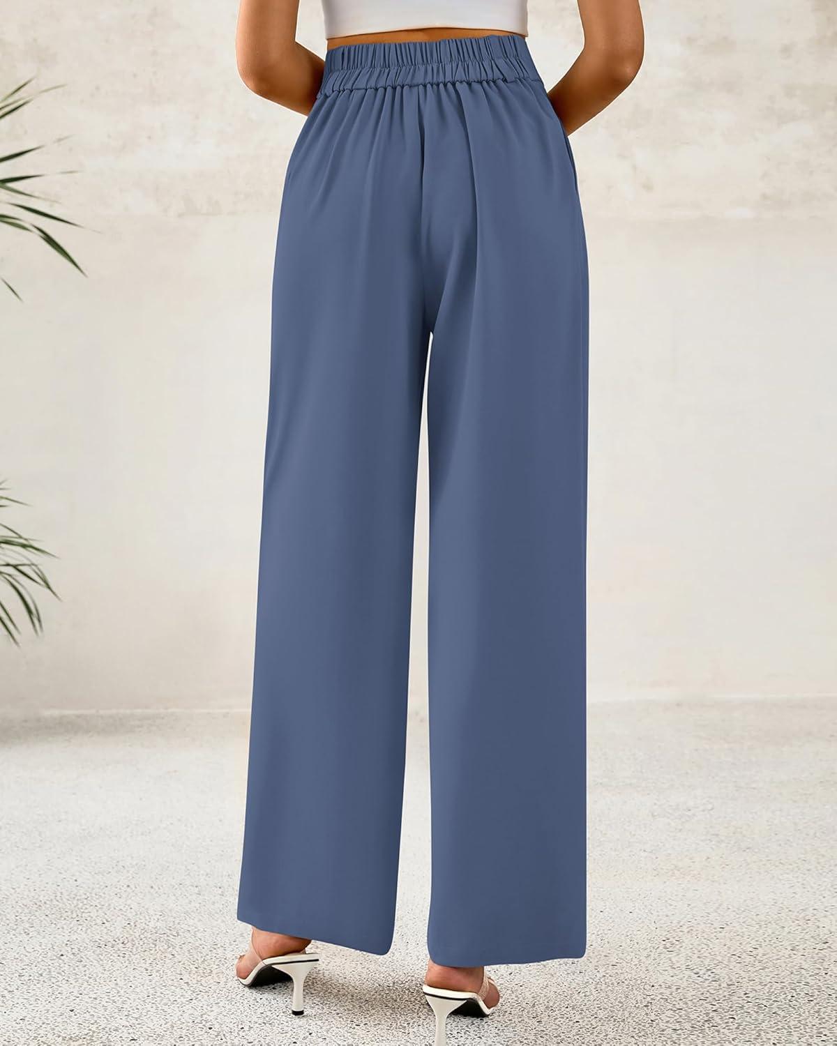 imageBTFBM Women Wide Leg Dress Pants 2026 High Waisted Button Pleated Business Casual Trousers Office Work Palazzo PantsGrey Blue
