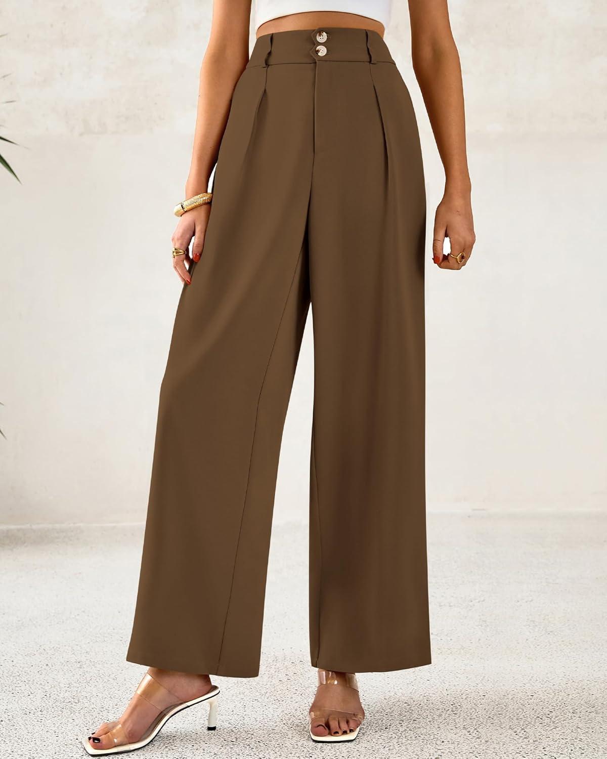 imageBTFBM Women Wide Leg Dress Pants 2026 High Waisted Button Pleated Business Casual Trousers Office Work Palazzo PantsLight Brown