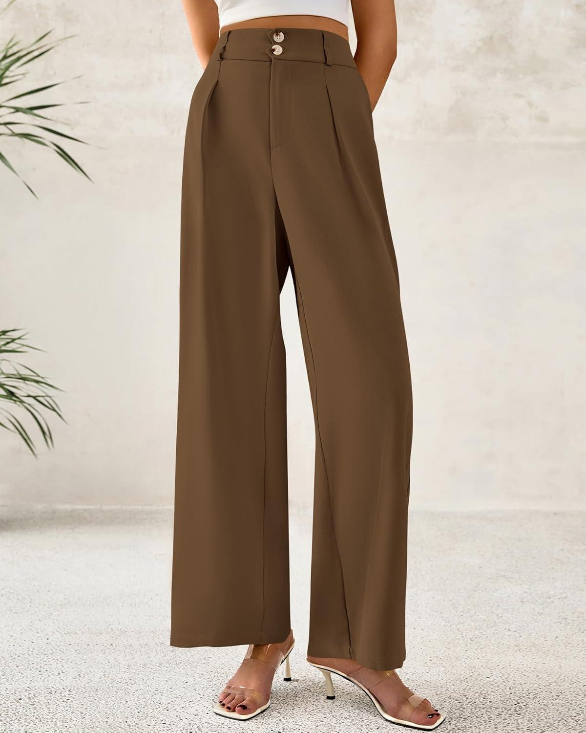 imageBTFBM Women Wide Leg Dress Pants 2026 High Waisted Button Pleated Business Casual Trousers Office Work Palazzo PantsLight Brown
