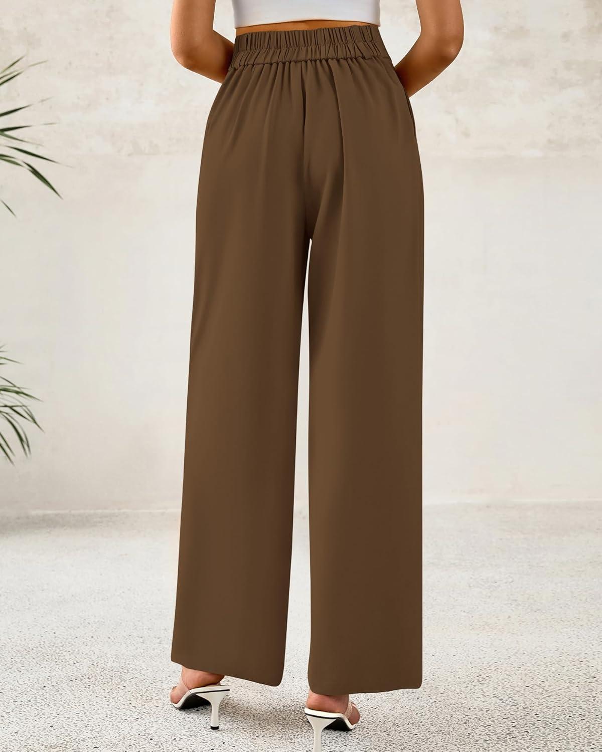 imageBTFBM Women Wide Leg Dress Pants 2026 High Waisted Button Pleated Business Casual Trousers Office Work Palazzo PantsLight Brown