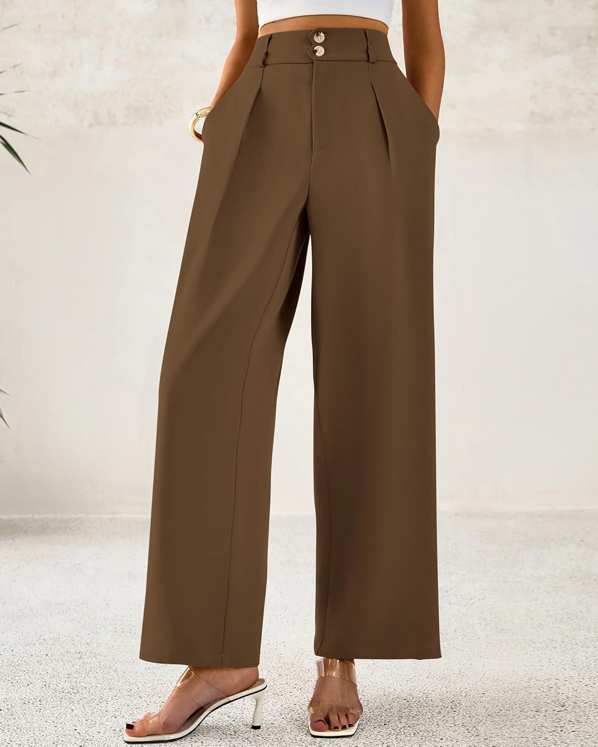 imageBTFBM Women Wide Leg Dress Pants 2026 High Waisted Button Pleated Business Casual Trousers Office Work Palazzo PantsLight Brown