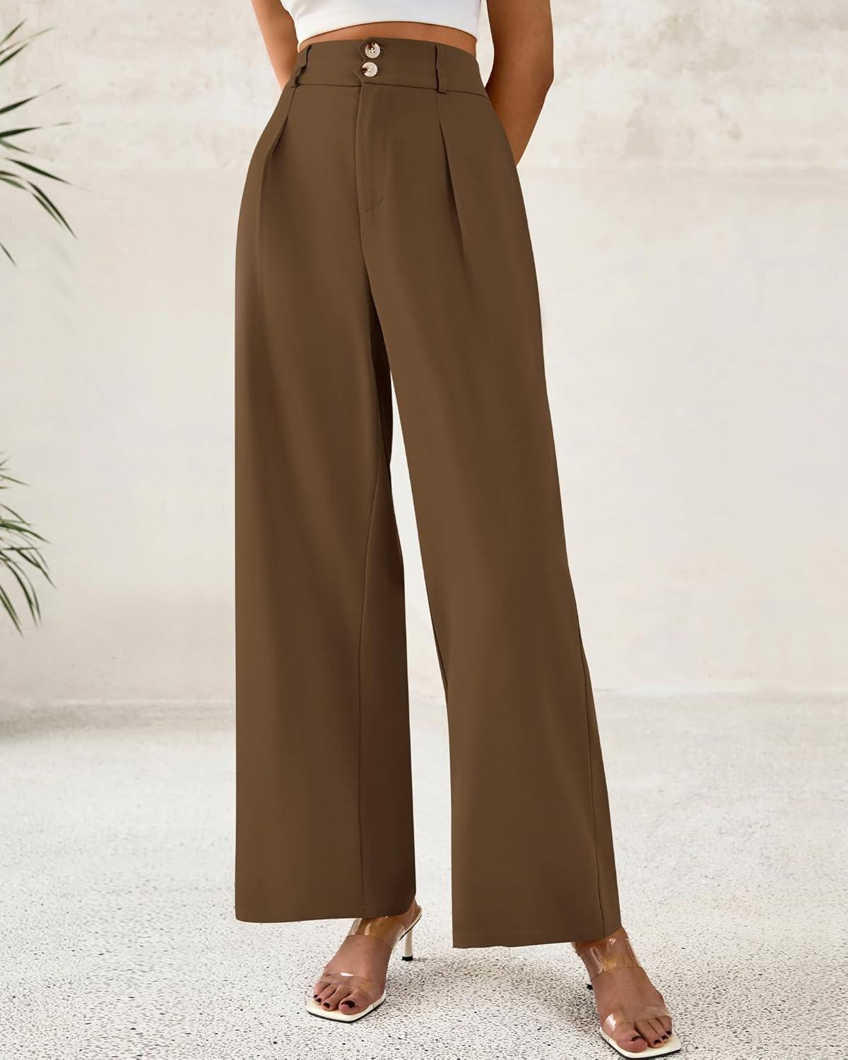 imageBTFBM Women Wide Leg Dress Pants 2026 High Waisted Button Pleated Business Casual Trousers Office Work Palazzo PantsLight Brown