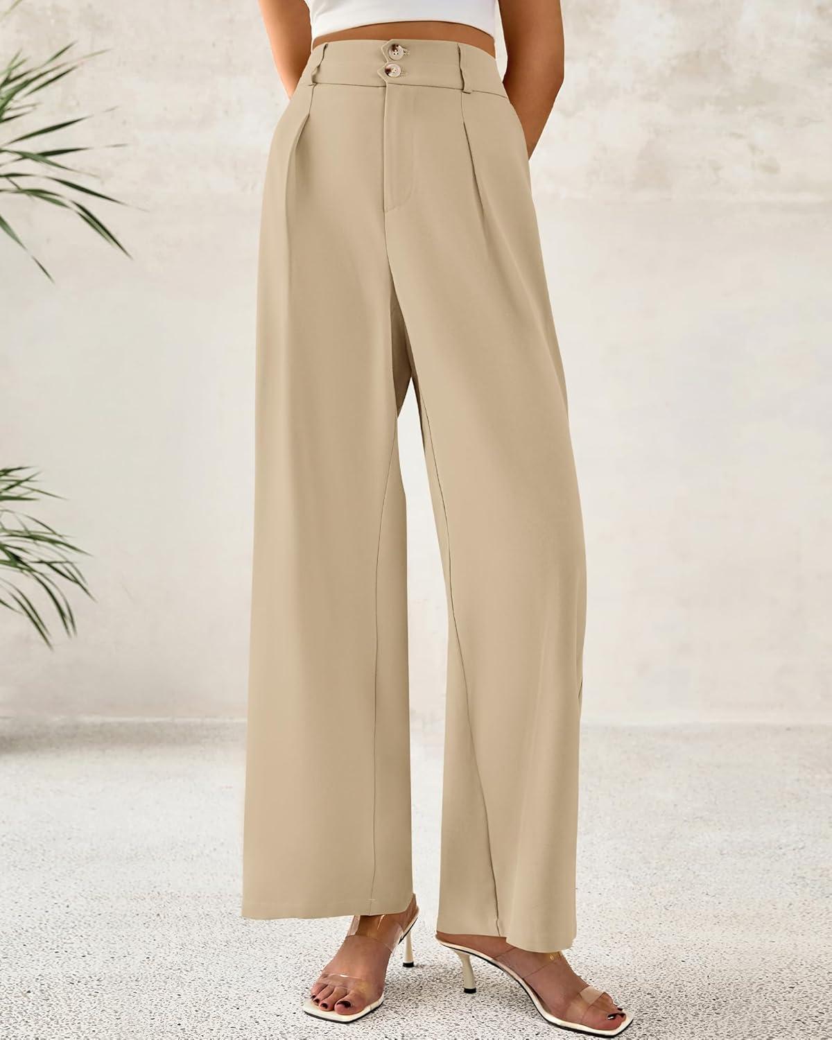 imageBTFBM Women Wide Leg Dress Pants 2026 High Waisted Button Pleated Business Casual Trousers Office Work Palazzo PantsLight Khaki