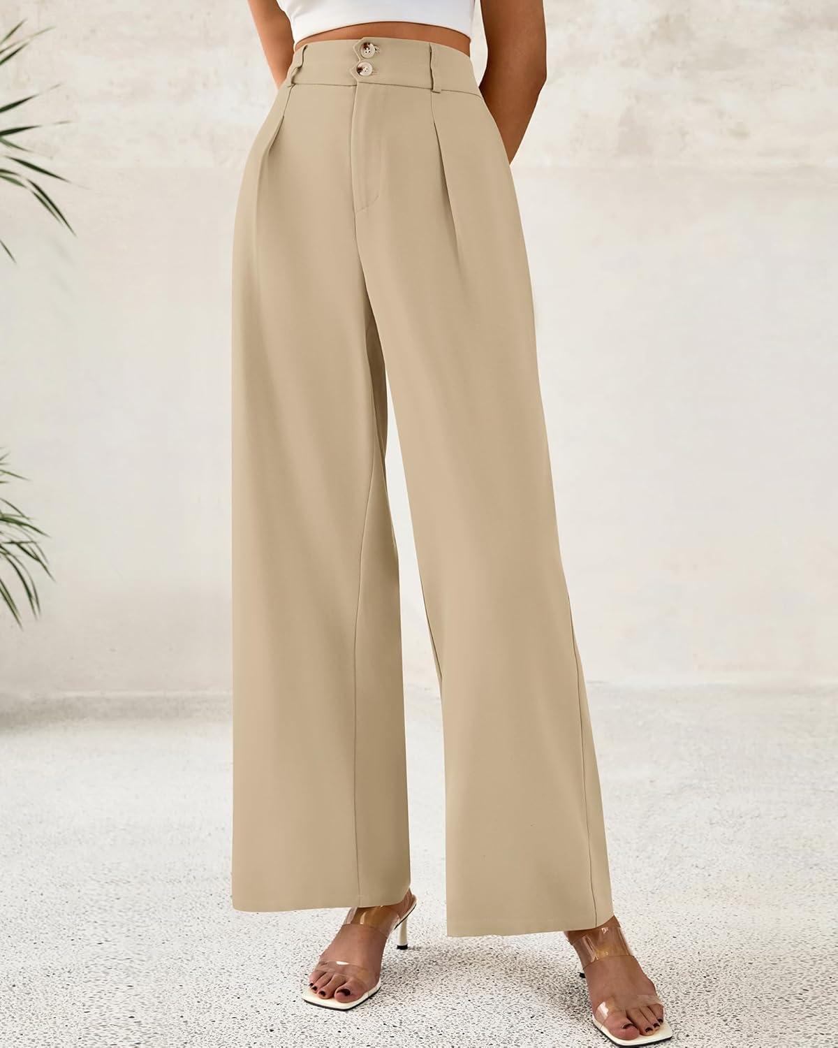 imageBTFBM Women Wide Leg Dress Pants 2026 High Waisted Button Pleated Business Casual Trousers Office Work Palazzo PantsLight Khaki