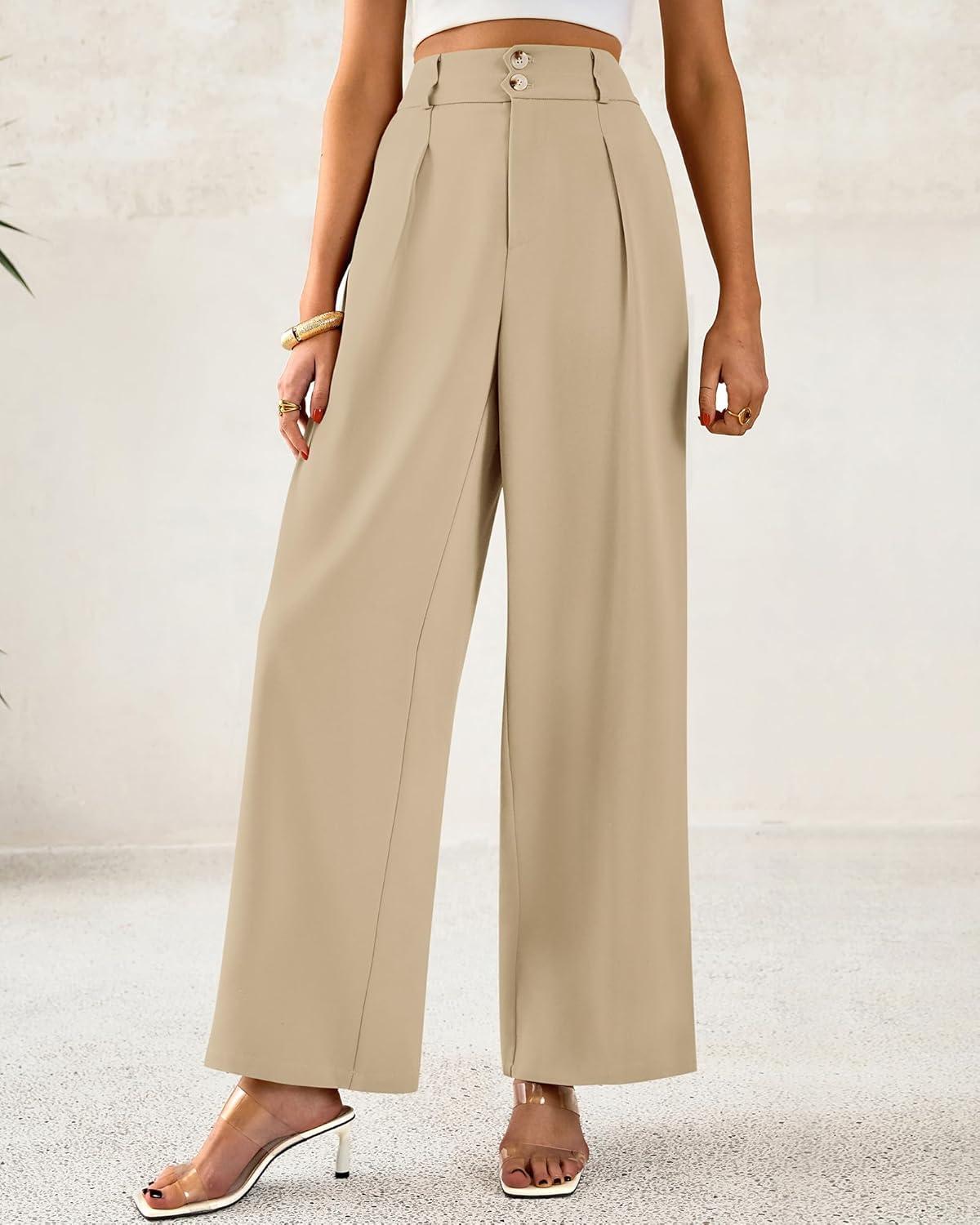 imageBTFBM Women Wide Leg Dress Pants 2026 High Waisted Button Pleated Business Casual Trousers Office Work Palazzo PantsLight Khaki