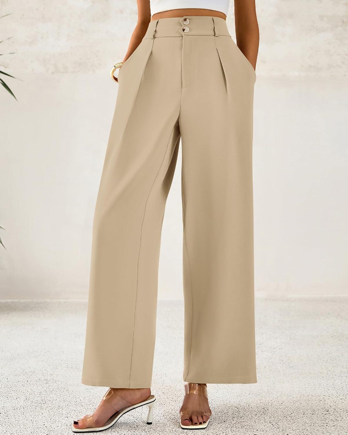 imageBTFBM Women Wide Leg Dress Pants 2026 High Waisted Button Pleated Business Casual Trousers Office Work Palazzo PantsLight Khaki