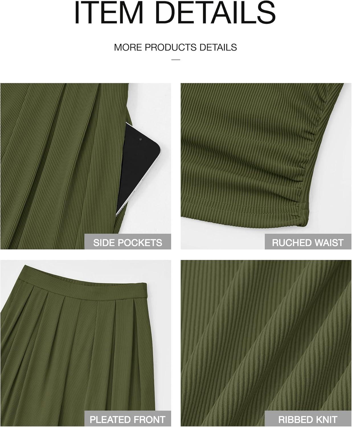 imageBTFBM Womens 2 Piece Outfits Spring 2026 V Neck Cap Sleeve Ruched Top Wide Leg Pants Sets Rib Knit Lounge Matching SetArmy Green