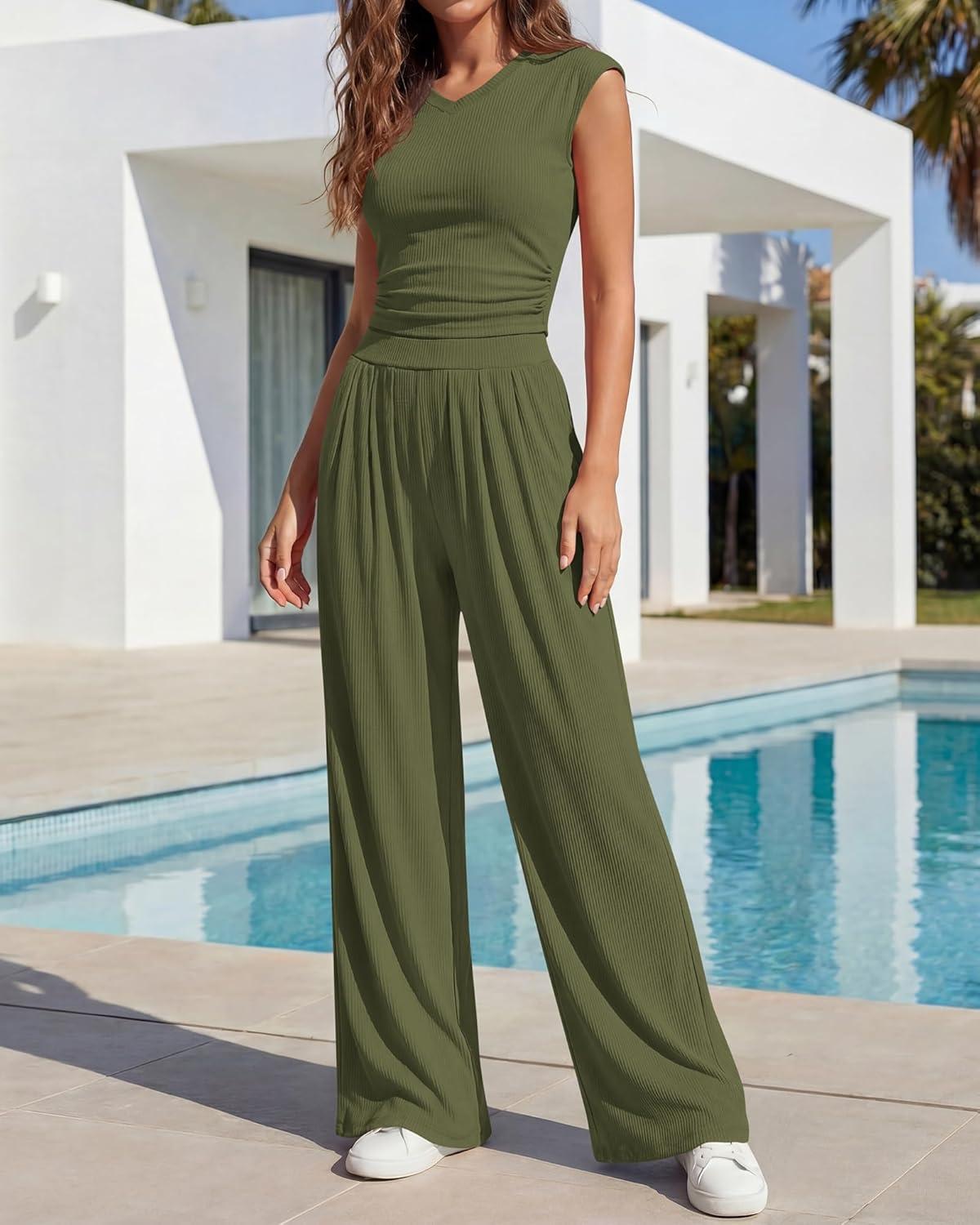 imageBTFBM Womens 2 Piece Outfits Spring 2026 V Neck Cap Sleeve Ruched Top Wide Leg Pants Sets Rib Knit Lounge Matching SetArmy Green