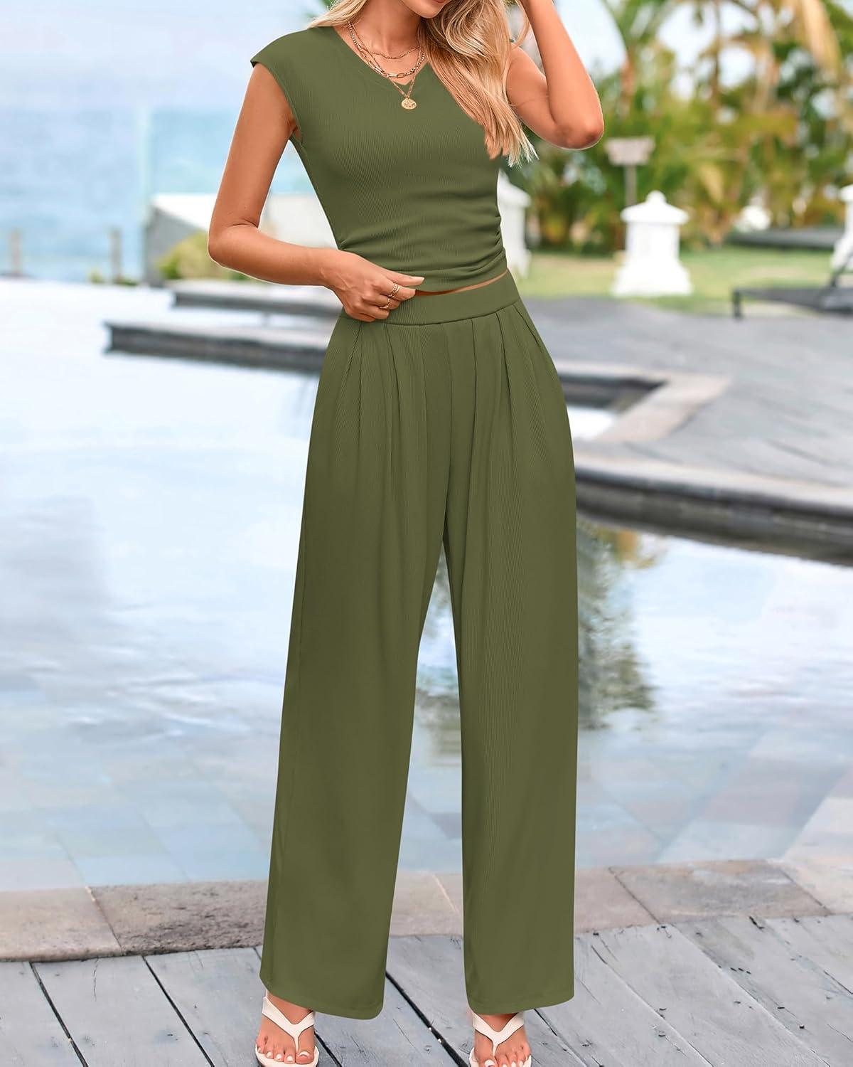 imageBTFBM Womens 2 Piece Outfits Spring 2026 V Neck Cap Sleeve Ruched Top Wide Leg Pants Sets Rib Knit Lounge Matching SetArmy Green