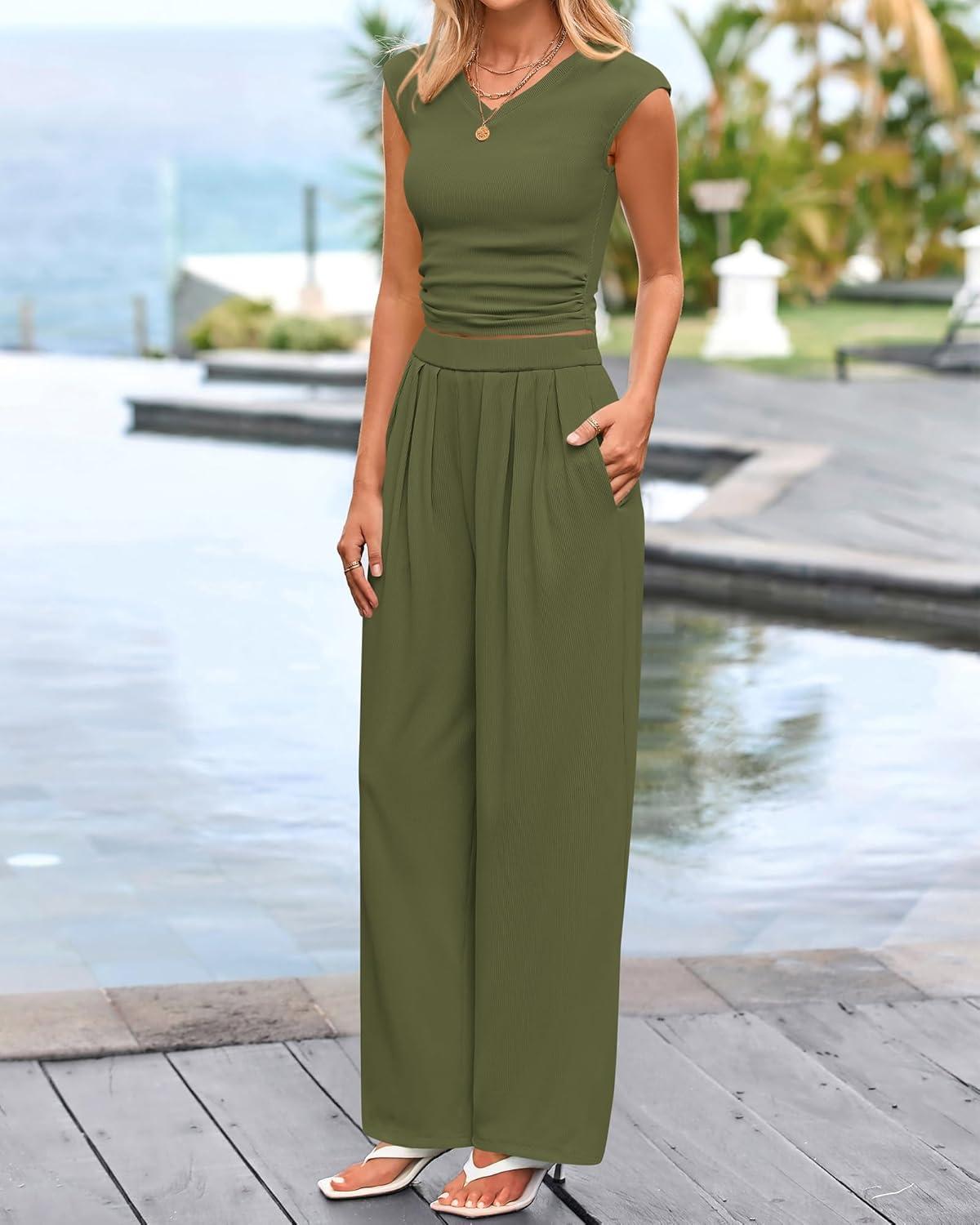 imageBTFBM Womens 2 Piece Outfits Spring 2026 V Neck Cap Sleeve Ruched Top Wide Leg Pants Sets Rib Knit Lounge Matching SetArmy Green