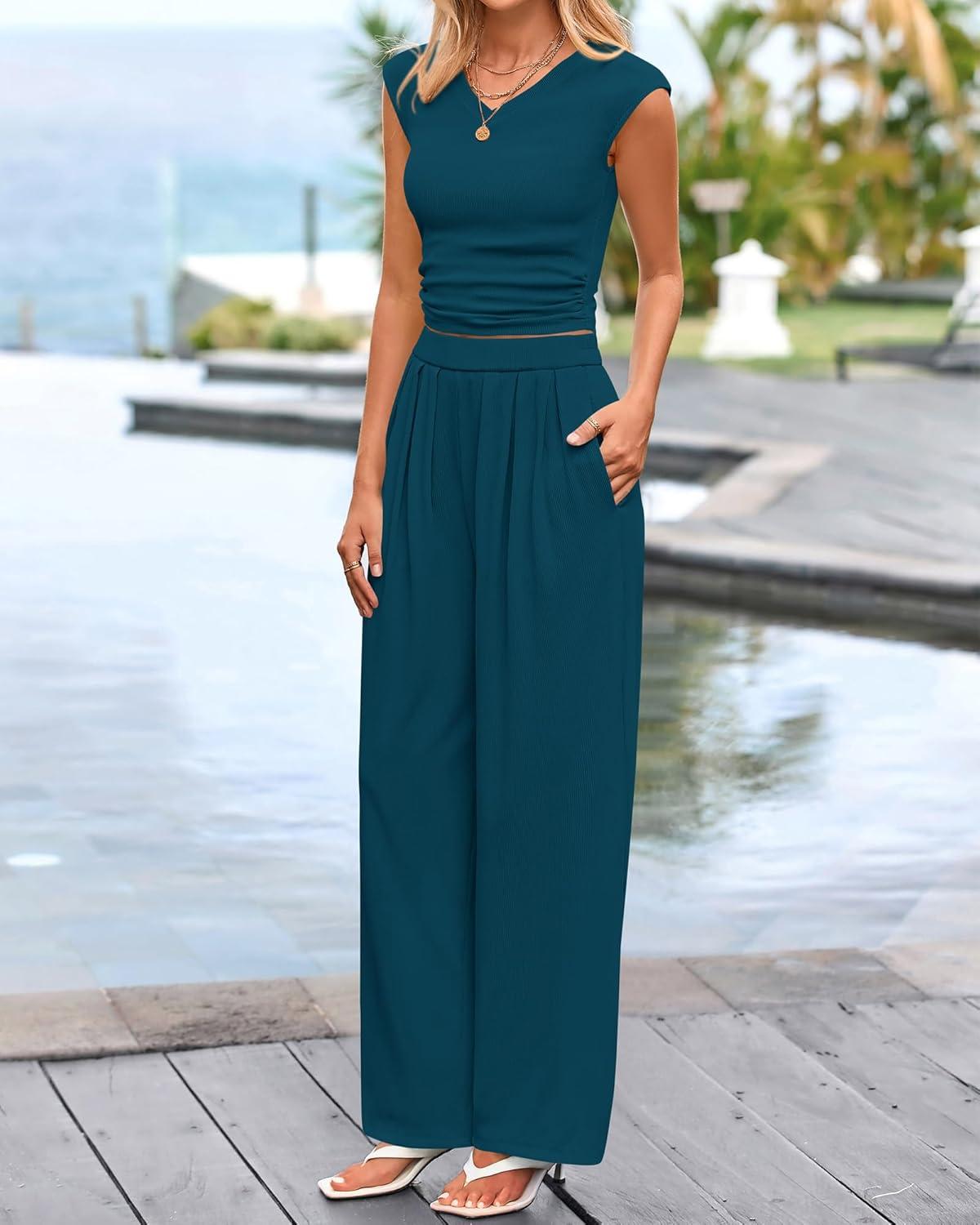 imageBTFBM Womens 2 Piece Outfits Spring 2026 V Neck Cap Sleeve Ruched Top Wide Leg Pants Sets Rib Knit Lounge Matching SetLake Blue