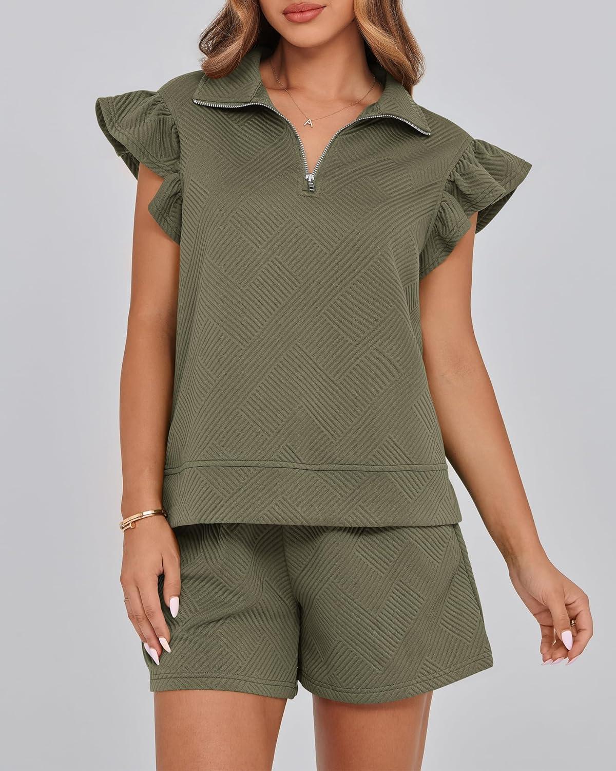 imageBTFBM Womens 2 Piece Outfits Spring Sweatsuit Zipper V Neck Casual Ruffle Cap Sleeve Tops Drawstring Shorts Lounge SetsArmy Green