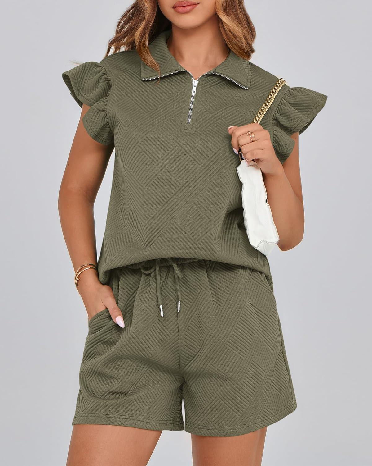 imageBTFBM Womens 2 Piece Outfits Spring Sweatsuit Zipper V Neck Casual Ruffle Cap Sleeve Tops Drawstring Shorts Lounge SetsArmy Green