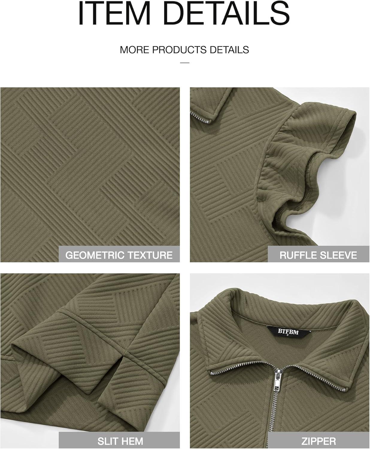 imageBTFBM Womens 2 Piece Outfits Spring Sweatsuit Zipper V Neck Casual Ruffle Cap Sleeve Tops Drawstring Shorts Lounge SetsArmy Green