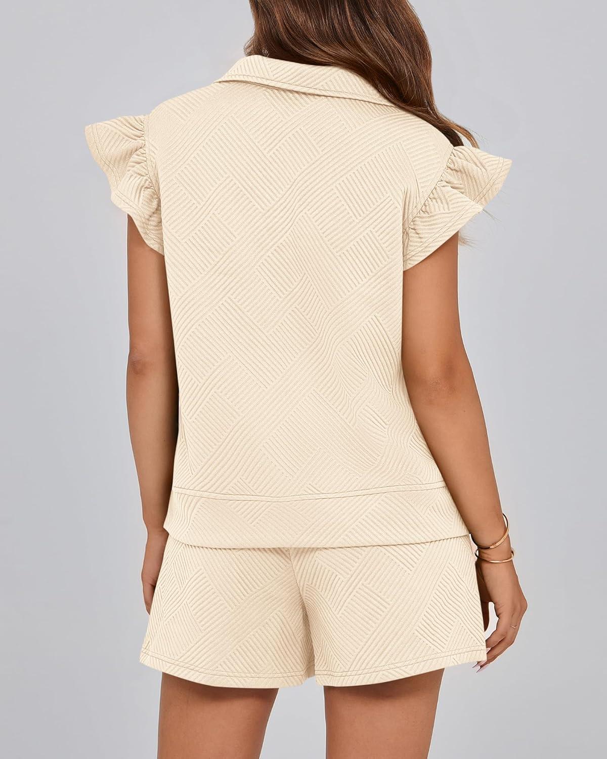 imageBTFBM Womens 2 Piece Outfits Spring Sweatsuit Zipper V Neck Casual Ruffle Cap Sleeve Tops Drawstring Shorts Lounge SetsBeige