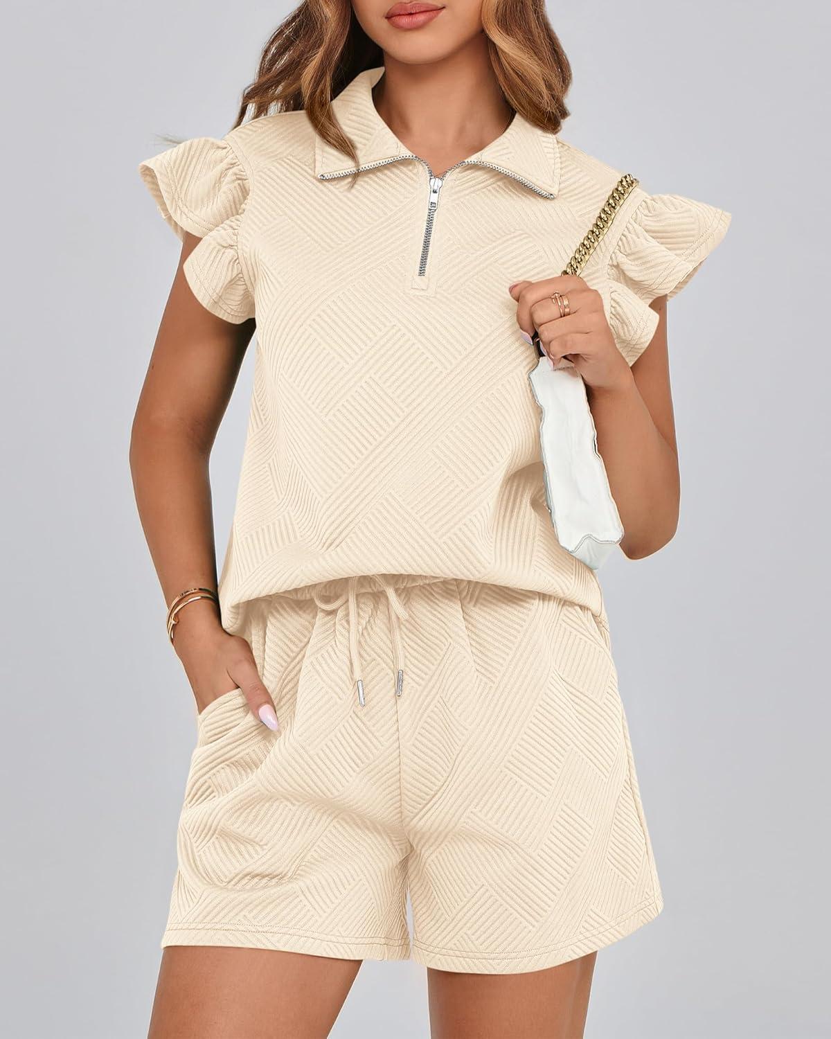 imageBTFBM Womens 2 Piece Outfits Spring Sweatsuit Zipper V Neck Casual Ruffle Cap Sleeve Tops Drawstring Shorts Lounge SetsBeige