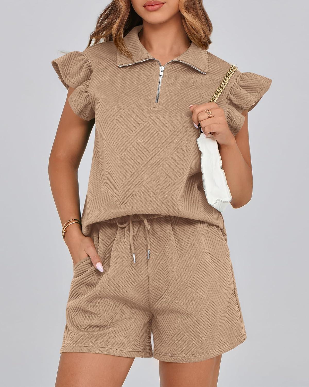 imageBTFBM Womens 2 Piece Outfits Spring Sweatsuit Zipper V Neck Casual Ruffle Cap Sleeve Tops Drawstring Shorts Lounge SetsLight Khaki