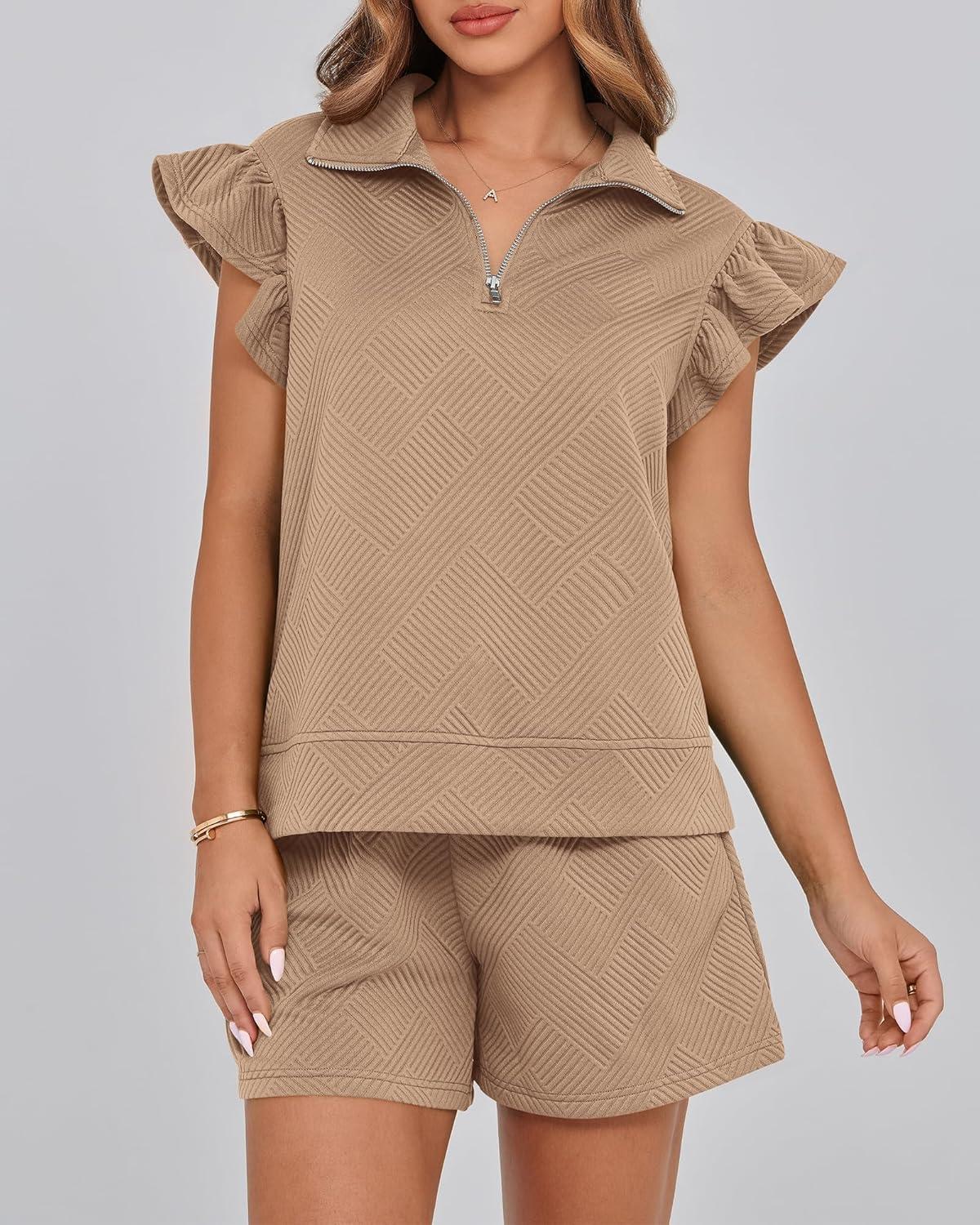 imageBTFBM Womens 2 Piece Outfits Spring Sweatsuit Zipper V Neck Casual Ruffle Cap Sleeve Tops Drawstring Shorts Lounge SetsLight Khaki