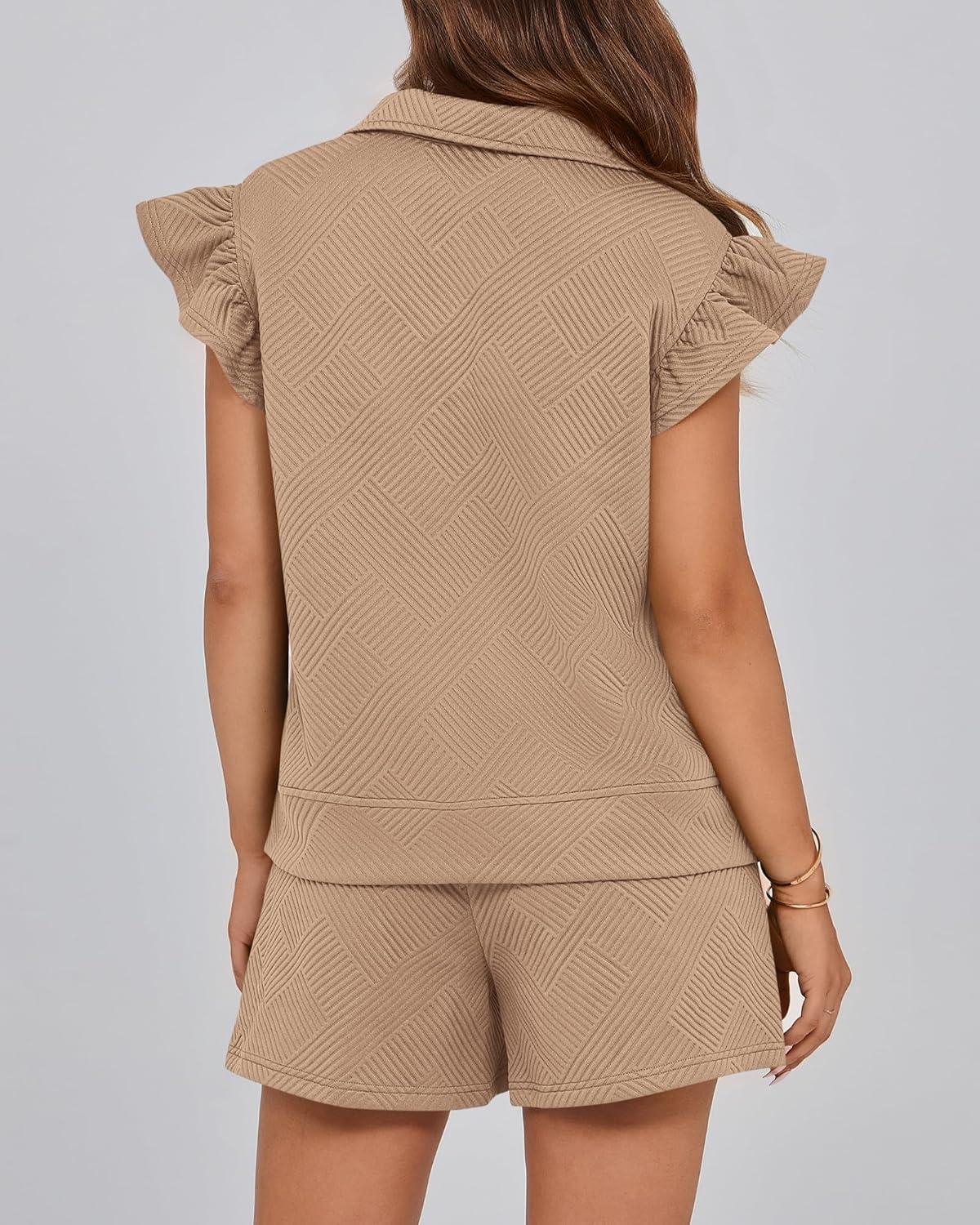 imageBTFBM Womens 2 Piece Outfits Spring Sweatsuit Zipper V Neck Casual Ruffle Cap Sleeve Tops Drawstring Shorts Lounge SetsLight Khaki