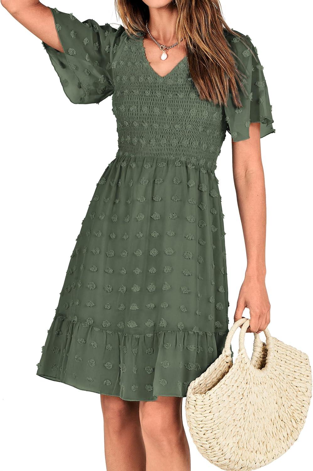 imageBTFBM Womens Beach Vacation Dress Summer 2026 V Neck Short Sleeve Smocked Swiss Dot Ruffle Casual Spring Mini DressesArmy Green